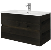 Modern wand-wastafelmeubel in donker houtlook met witte wastafel en verchroomde kraan.