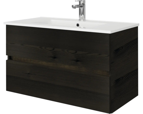 Modern wand-wastafelmeubel in donker houtlook met witte wastafel en verchroomde kraan.
