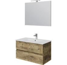 Badkamermeubelset met wastafelonderkast in houtlook, twee laden, witte wastafel, kraan en spiegel met ledverlichting.
