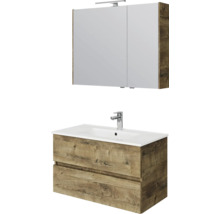 Badkamermeubelset bestaande uit een spiegelkast met verlichting en een wastafelonderkast in houtlook met een witte wastafel.
