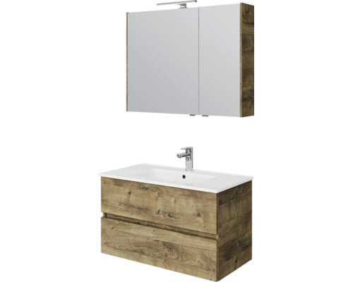 Badkamermeubelset bestaande uit een spiegelkast met verlichting en een wastafelonderkast in houtlook met een witte wastafel.