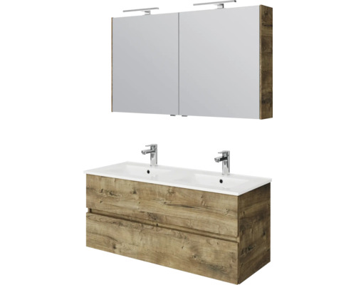 Badkamerset bestaande uit dubbele wastafel, onderkast in houtlook met twee lades en spiegelkast met verlichting.