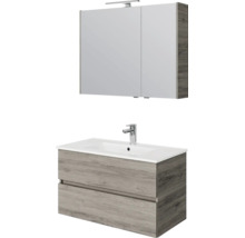 Badkamermeubelset: wastafelonderkast in houtlook met twee laden, witte wastafel met kraan en spiegelkast met ledverlichting.
