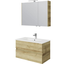 Badkamermeubelset met wastafelonderkast in eikenlook, twee laden, witte wastafel, kraan en spiegelkast met verlichting.