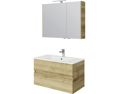 Badkamermeubelset met wastafelonderkast in eikenlook, twee laden, witte wastafel, kraan en spiegelkast met verlichting.