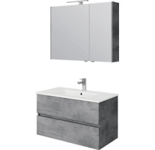Badkamermeubelset bestaande uit een wastafelmeubel in betonlook met twee laden, witte wastafel en een spiegelkast met ledverlichting.