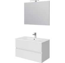 Modern badkamermeubel met witte onderkast, twee laden, keramische wastafel, chromen kraan, spiegel en led-opbouwlamp.