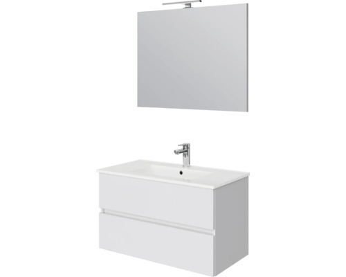 Modern badkamermeubel met witte onderkast, twee laden, keramische wastafel, chromen kraan, spiegel en led-opbouwlamp.
