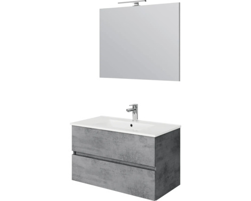 Moderne badmeubelset met grijze onderkast in betonlook, witte wastafel, kraan en spiegel met ledverlichting.