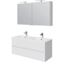 Badkamermeubelset met een wit wastafelmeubel met twee laden, een dubbele wastafel en een spiegelkast met verlichting.