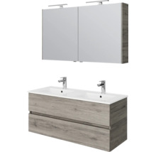 Badkamermeubelset met dubbele wastafel, onderkast in houtlook met twee lades en spiegelkast met ledverlichting.