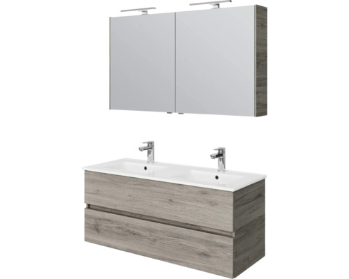 Badkamermeubelset met dubbele wastafel, onderkast in houtlook met twee lades en spiegelkast met ledverlichting.
