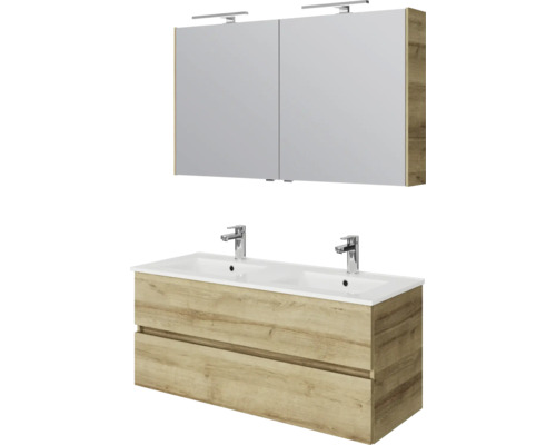 Moderne badkamermeubelset in eikenlook met dubbele wastafel, onderkast met twee lades en spiegelkast met ledverlichting.
