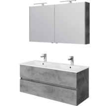 Badkamermeubelset met dubbele wastafel, onderkast in betonlook met twee lades en spiegelkast met ledverlichting.