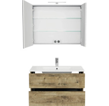 Badkamermeubelset met spiegelkast inclusief verlichting en stopcontact en wastafel met onderkast in houtlook.