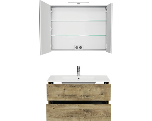 Badkamermeubelset met spiegelkast inclusief verlichting en stopcontact en wastafel met onderkast in houtlook.