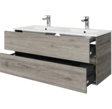 Wastafelonderkast met dubbele wastafel en twee kranen, twee laden in grijze houtlook.