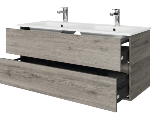 Wastafelonderkast met dubbele wastafel en twee kranen, twee laden in grijze houtlook.