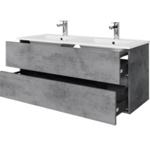 Dubbele wastafel met onderkast in betonlook, witte dubbele wasbak en twee kranen, twee lades.