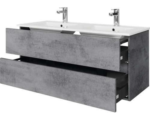 Dubbele wastafel met onderkast in betonlook, witte dubbele wasbak en twee kranen, twee lades.
