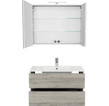 Badkamermeubelset met wastafelonderkast in houtlook met twee laden, wastafel en open spiegelkast met ledverlichting.