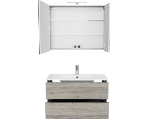 Badkamermeubelset met wastafelonderkast in houtlook met twee laden, wastafel en open spiegelkast met ledverlichting.