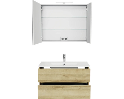 Badkamermeubelset bestaande uit een open LED-spiegelkast met glazen planken en een onderkast in houtlook met witte wastafel en kraan.