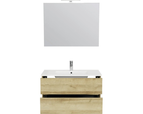 Badmeubelset met wastafelonderkast in eikenlook met twee lades, witte wastafel, kraan en spiegel met LED-verlichting.