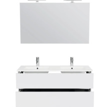 Badkamermeubelset in wit met dubbele wastafel, onderkast met twee laden, grote spiegel en twee LED-lampen.