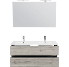 Wastafelmeubelset met dubbele wastafel, wastafelonderkast met twee laden in houtlook en een grote wandspiegel.