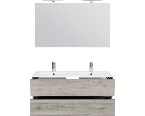 Wastafelmeubelset met dubbele wastafel, wastafelonderkast met twee laden in houtlook en een grote wandspiegel.
