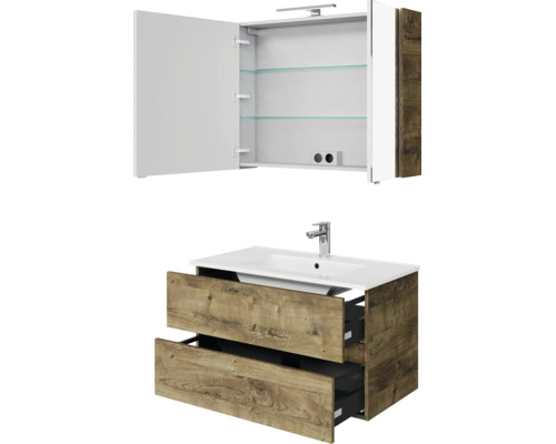 Badkamermeubelset met wastafelonderkast in houtlook, twee laden, witte wastafel en geopende spiegelkast met verlichting.