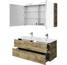 Badkamermeubelset met dubbele wastafelonderkast in houtlook, twee laden en een spiegelkast inclusief verlichting en stopcontacten.