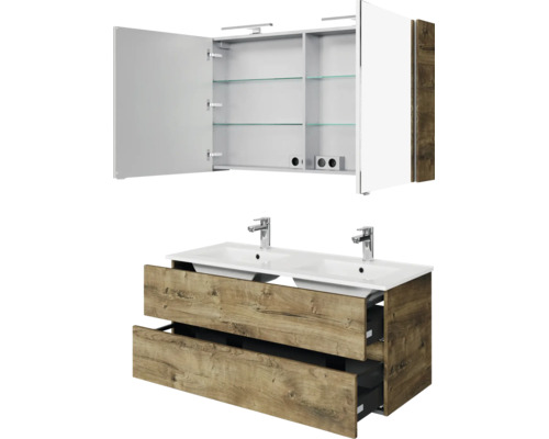 Badkamermeubelset met dubbele wastafelonderkast in houtlook, twee laden en een spiegelkast inclusief verlichting en stopcontacten.