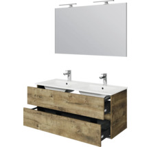 Badkamermeubelset met dubbele wastafel, onderkast in houtlook met twee lades en grote spiegel inclusief verlichting.