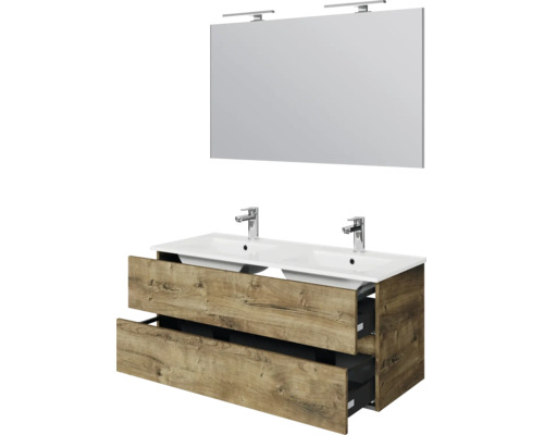 Badkamermeubelset met dubbele wastafel, onderkast in houtlook met twee lades en grote spiegel inclusief verlichting.