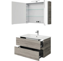 Badkamermeubelset met spiegelkast inclusief verlichting en stopcontact en een wastafelonderkast in houtlook met wastafel en kraan.
