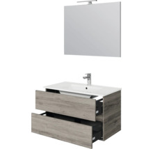 Badkamermeubelset bestaande uit een wastafelonderkast in houtlook met twee laden, witte wastafel, kraan en spiegel met ledverlichting.
