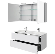 Badkamermeubelset met dubbele wastafel, twee kranen, onderkast met twee laden en spiegelkast met glazen planken en stopcontacten.