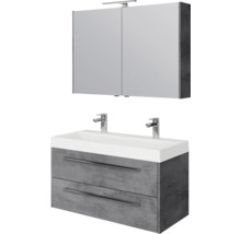 Badkamermeubelset met dubbele wastafel, twee kranen, onderkast in betonlook met twee laden en een spiegelkast met verlichting.