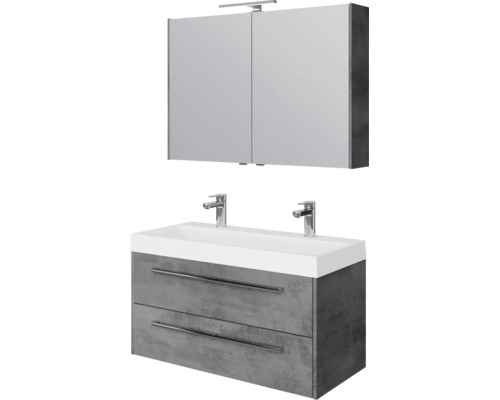 Badkamermeubelset met dubbele wastafel, twee kranen, onderkast in betonlook met twee laden en een spiegelkast met verlichting.