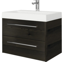 Modern badkamermeubel met twee lades in donker houtoptiek, witte wastafel en chromen kraan.