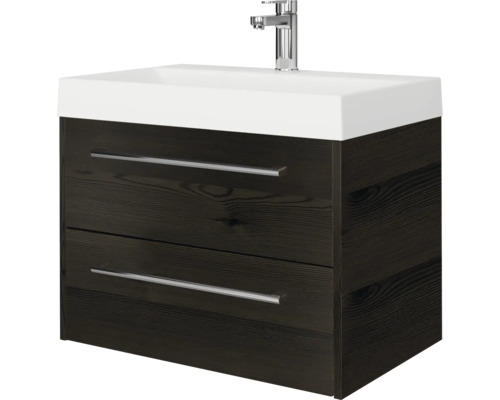 Modern badkamermeubel met twee lades in donker houtoptiek, witte wastafel en chromen kraan.