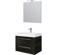 Badkamermeubelset met donkere wastafelonderkast in houtlook, witte wastafel, spiegel en led-opbouwlamp.