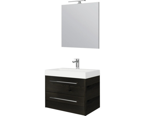 Badkamermeubelset met donkere wastafelonderkast in houtlook, witte wastafel, spiegel en led-opbouwlamp.