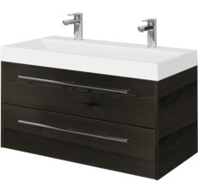 Wastafelmeubel met dubbele wastafel, twee lades in donker houtlook en twee verchroomde kranen.