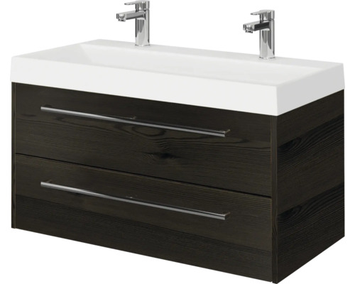Wastafelmeubel met dubbele wastafel, twee lades in donker houtlook en twee verchroomde kranen.