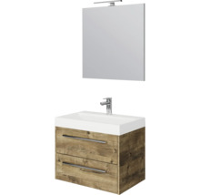 Badkamermeubelset bestaande uit een wastafelonderkast in eikenlook met twee laden, witte wastafel, kraan en spiegel met led-verlichting.