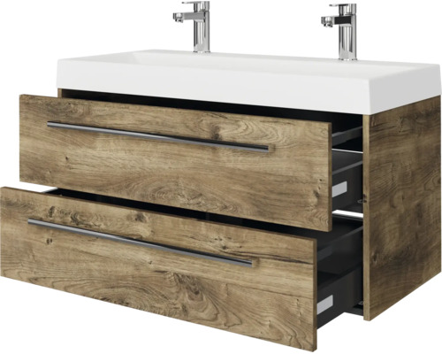Wastafelonderkast met dubbele wastafel en twee laden in houtlook, inclusief twee chromen kranen.