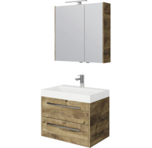 Badkamermeubelset bestaande uit een spiegelkast met verlichting, een witte wastafel en een wastafelonderkast in houtlook met twee laden.